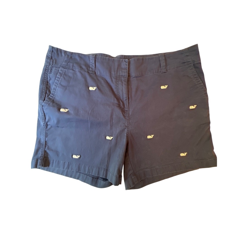 Vineyard Vines Chino Shorts Womens 14 Navy Blue Embroidered Whale Preppy Coastal